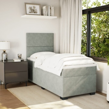 Pat box spring cu saltea, gri deschis, 90x200 cm, catifea - Img 3
