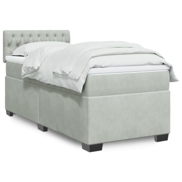 Pat box spring cu saltea, gri deschis, 90x200 cm, catifea - Img 1