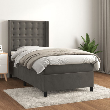 Pat box spring cu saltea, gri închis, 100x200 cm, catifea - Img 1