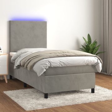 Pat continental cu saltea & LED, gri deschis, 80x200 cm catifea - Img 1
