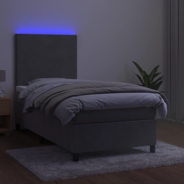 Pat continental cu saltea & LED, gri deschis, 80x200 cm catifea - Img 4