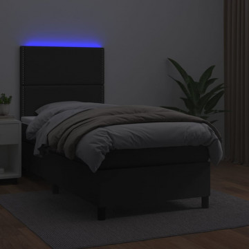 Pat cu arcuri, cu saltea și LED, negru, 90x200 cm, piele eco - Img 4