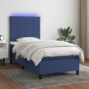 Pat cu arcuri, saltea și LED, albastru, 90x200 cm, textil - Img 1