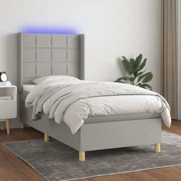 Pat cu arcuri, saltea și LED, gri deschis, 100x200 cm, textil - Img 1
