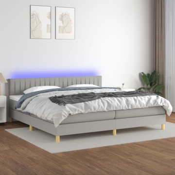 Pat cu arcuri, saltea și LED, gri deschis, 200x200 cm, textil - Img 1