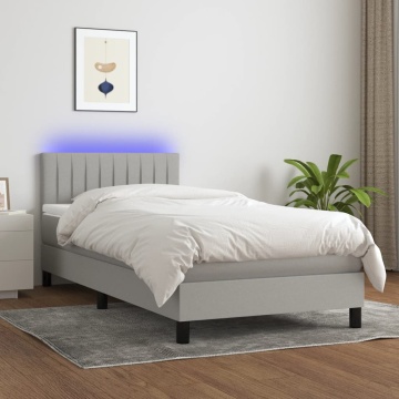 Pat cu arcuri, saltea și LED, gri deschis, 90x190 cm, textil - Img 1