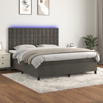 Pat cu arcuri, saltea și LED, gri închis, 180x200 cm, catifea - Img 1