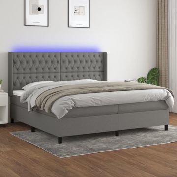 Pat cu arcuri, saltea și LED, gri închis, 200x200 cm, textil - Img 1