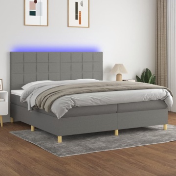 Pat cu arcuri, saltea și LED, gri închis, 200x200 cm, textil - Img 1