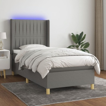 Pat cu arcuri, saltea și LED, gri închis, 90x200 cm, textil - Img 1