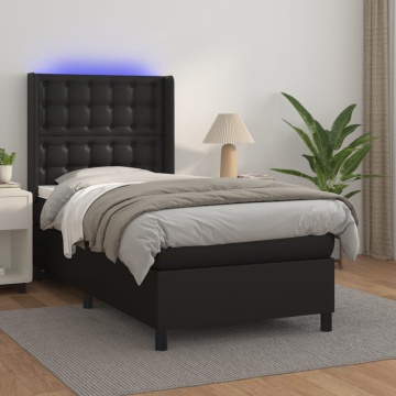 Pat cu arcuri, saltea și LED, negru, 100x200cm, piele ecologică - Img 1