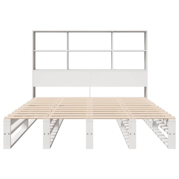 Pat cu bibliotecă fără saltea, alb, 140x200 cm, lemn masiv - Img 4