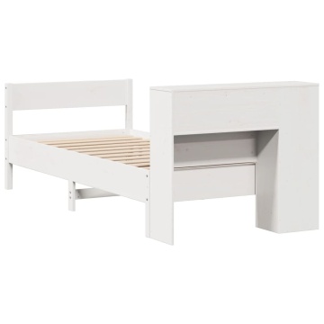 Pat cu bibliotecă fără saltea, alb, 75x190 cm, lemn masiv pin - Img 5