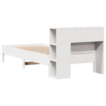 Pat cu bibliotecă fără saltea, alb, 75x190 cm, lemn masiv pin - Img 5