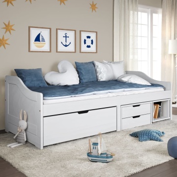 Pat de zi cu 3 sertare IRUN, alb, 90x200 cm, lemn masiv pin - Img 1