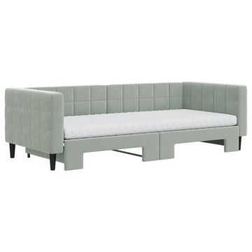 Pat de zi cu extensie și saltele, gri deschis 90x200 cm catifea - Img 3
