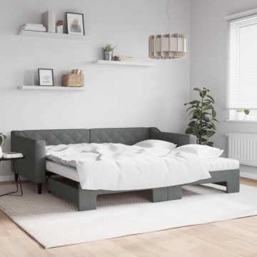Pat de zi cu extensie și saltele, gri închis, 100x200 cm textil - Img 1