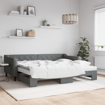 Pat de zi cu extensie și saltele, gri închis, 90x200 cm, textil - Img 1