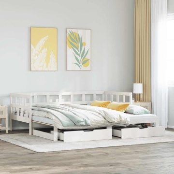 Pat de zi cu extensie și sertare fără saltea, alb, 90x200 cm - Img 1