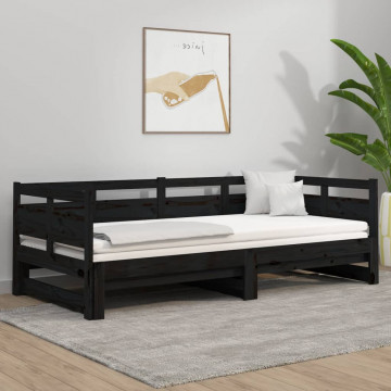 Pat de zi extensibil, negru, 2x(80x200) cm, lemn masiv de pin - Img 1
