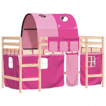 Pat etajat de copii cu tunel, roz, 90x200 cm, lemn masiv pin - Img 4