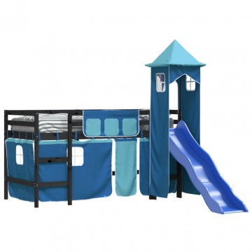 Pat etajat de copii cu turn albastru 80x200 cm lemn masiv pin - Img 3