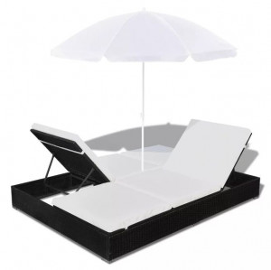 Pat șezlong de exterior cu umbrelă, negru, poliratan - Img 6