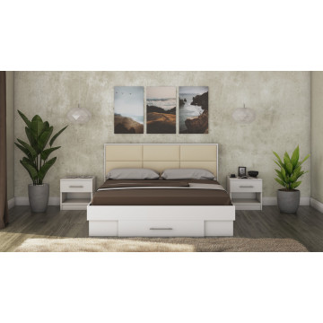 Pat solano alb cu noptiere si saltea, tablie tapitata crem, 140×200 cm - Img 1