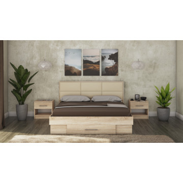 Pat solano sonoma cu noptiere si saltea, tablie tapitata crem, 140×200 cm - Img 1