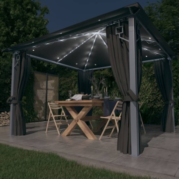 Pavilion cu perdele & șiruri lumini LED antracit 3x3 m aluminiu - Img 1