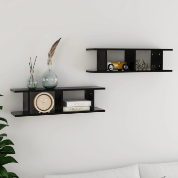 Rafturi de perete, 2 buc., negru, 75x18x20 cm, lemn - Img 1