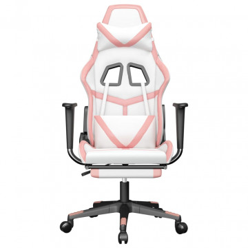 Scaun de gaming cu suport picioare, alb/roz, piele ecologică - Img 3