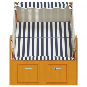 Scaun de plajă cu baldachin,alb&albastru,poliratan&lemn masiv - Img 6