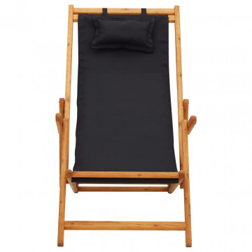 Scaun de plajă pliabil, negru, lemn masiv de eucalipt, textil - Img 1