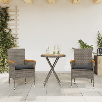 Set bistro cu perne, 3 piese, gri, poliratan și lemn acacia - Img 1