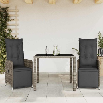 Set bistro de grădină cu perne, 3 piese, gri, poliratan - Img 1
