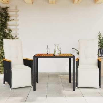 Set bistro de grădină cu perne, 3 piese, negru, poliratan - Img 1
