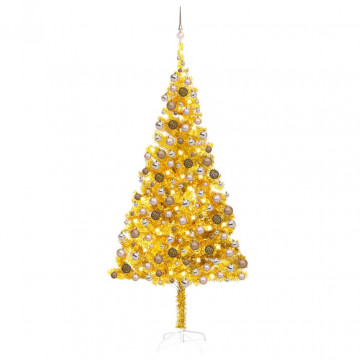 Set brad de Crăciun artificial cu LED&globuri auriu 210 cm PET - Img 1
