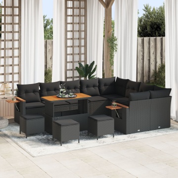 Set Canapea Grădină 13 Piese cu Perne Negru Rattan Poliratan Acacia, Set Dining Grădină 4 Piese cu Perne Negru Rattan Poliratan Acacia - Img 1