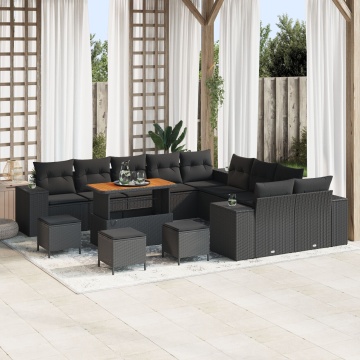 Set canapea grădină 14 piese cu perne Negru Poliratan Acacia, Set dining grădină 4 piese cu perne Negru Poliratan Acacia - Img 1