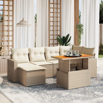 Set canapele de grădină, 7 piese, cu perne, bej, poliratan - Img 1