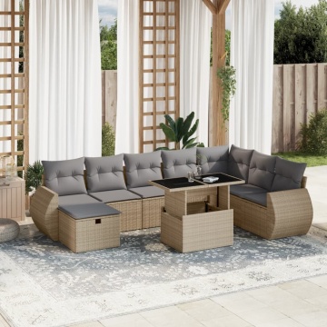 Set canapele de grădină, 9 piese, cu perne, bej, poliratan - Img 1