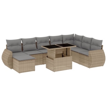 Set canapele de grădină, 9 piese, cu perne, bej, poliratan - Img 2