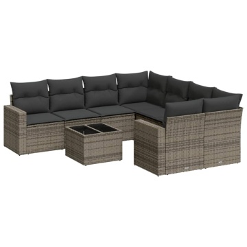 Set canapele de grădină, 9 piese, cu perne, gri, poliratan - Img 2