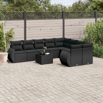 Set canapele de grădină cu perne, 10 piese, negru, poliratan - Img 1