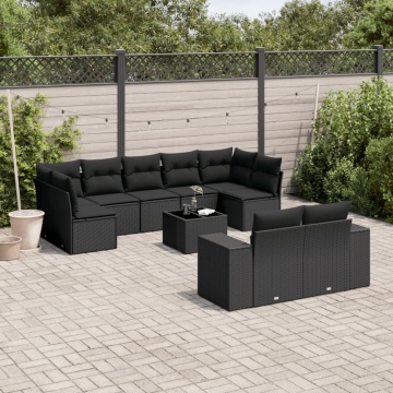 Set canapele de grădină cu perne, 10 piese, negru, poliratan - Img 1