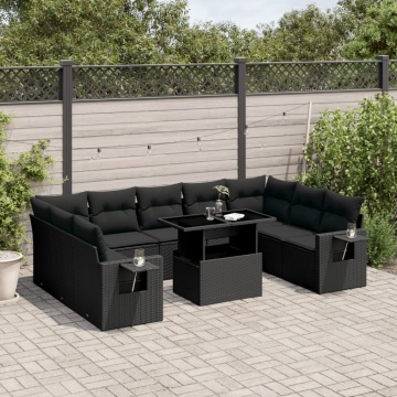 Set canapele de grădină cu perne, 10 piese, negru, poliratan - Img 1