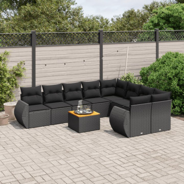 Set canapele de grădină cu perne, 10 piese, negru, poliratan - Img 1