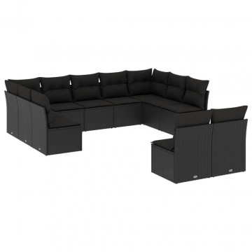 Set canapele de grădină cu perne, 11 piese, negru, poliratan - Img 2