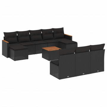 Set canapele de grădină cu perne, 11 piese, negru, poliratan - Img 2